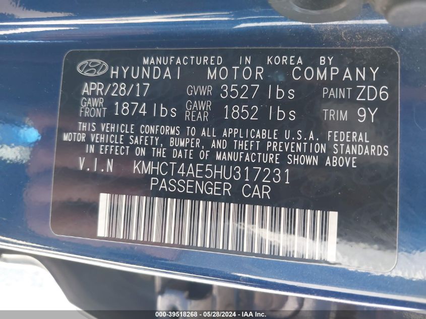 2017 Hyundai Accent Se VIN: KMHCT4AE5HU317231 Lot: 39518268