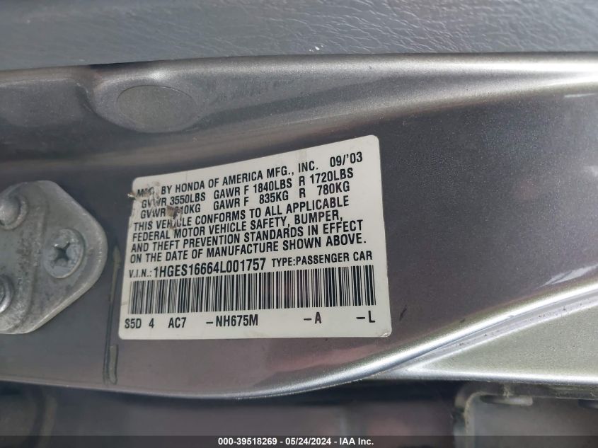 2004 Honda Civic Lx VIN: 1HGES16664L001757 Lot: 39518269