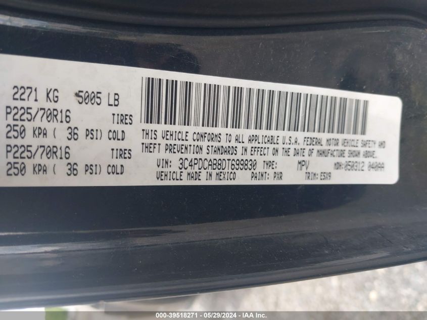 2013 Dodge Journey Se VIN: 3C4PDCAB8DT699830 Lot: 39518271