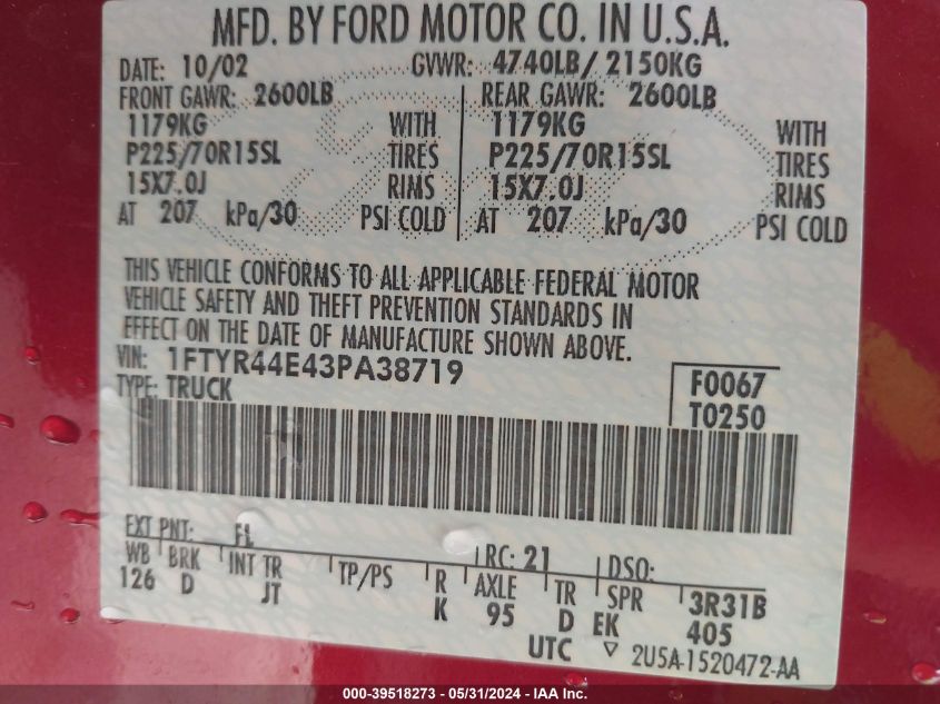 2003 Ford Ranger Xlt VIN: 1FTYR44E43PA38719 Lot: 39518273