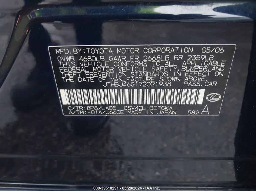 2007 Lexus Es 350 VIN: JTHBJ46G172021938 Lot: 39518291