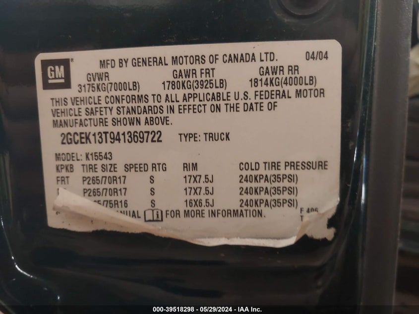 2004 Chevrolet Silverado 1500 Ls VIN: 2GCEK13T941369722 Lot: 39518298