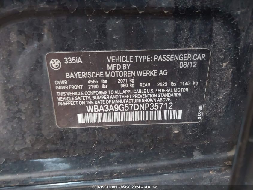 2013 BMW 335I VIN: WBA3A9G57DNP35712 Lot: 39518301