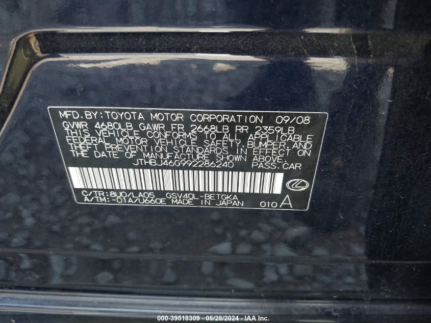 2009 Lexus Es 350 VIN: JTHBJ46G992286240 Lot: 39518309