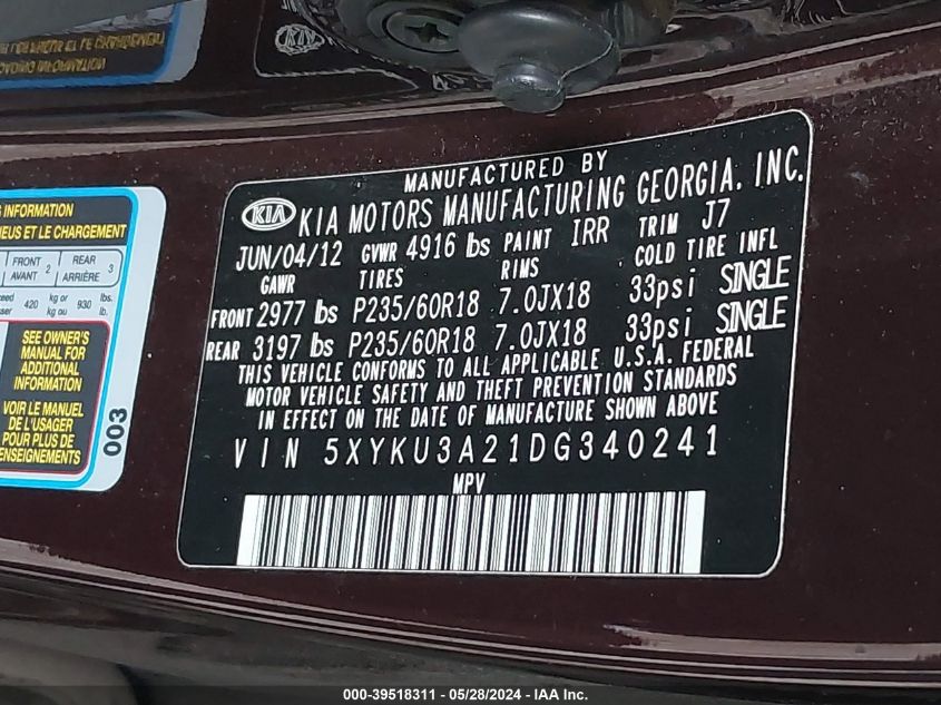 2013 Kia Sorento Ex V6 VIN: 5XYKU3A21DG340241 Lot: 39518311