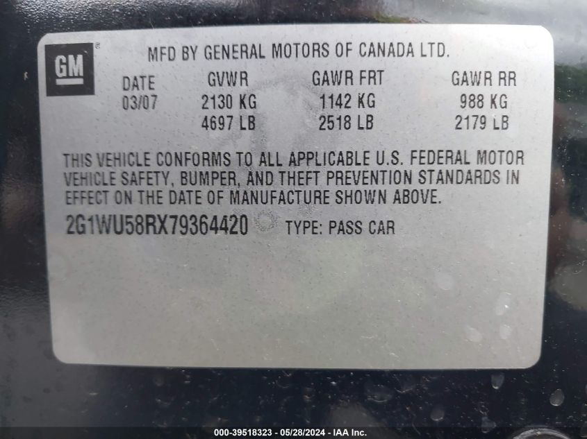 2007 Chevrolet Impala Ltz VIN: 2G1WU58RX79364420 Lot: 39518323