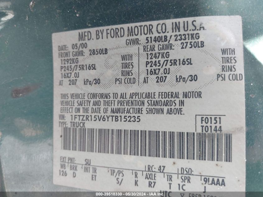 2000 Ford Ranger Xl/Xlt VIN: 1FTZR15V6YTB15235 Lot: 39518330