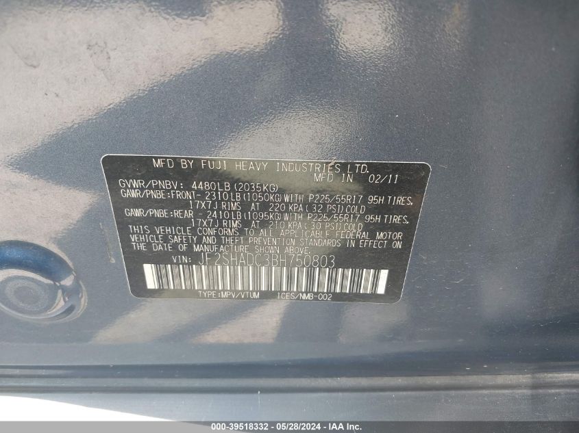 2011 Subaru Forester 2.5X Premium VIN: JF2SHADC3BH750803 Lot: 39518332