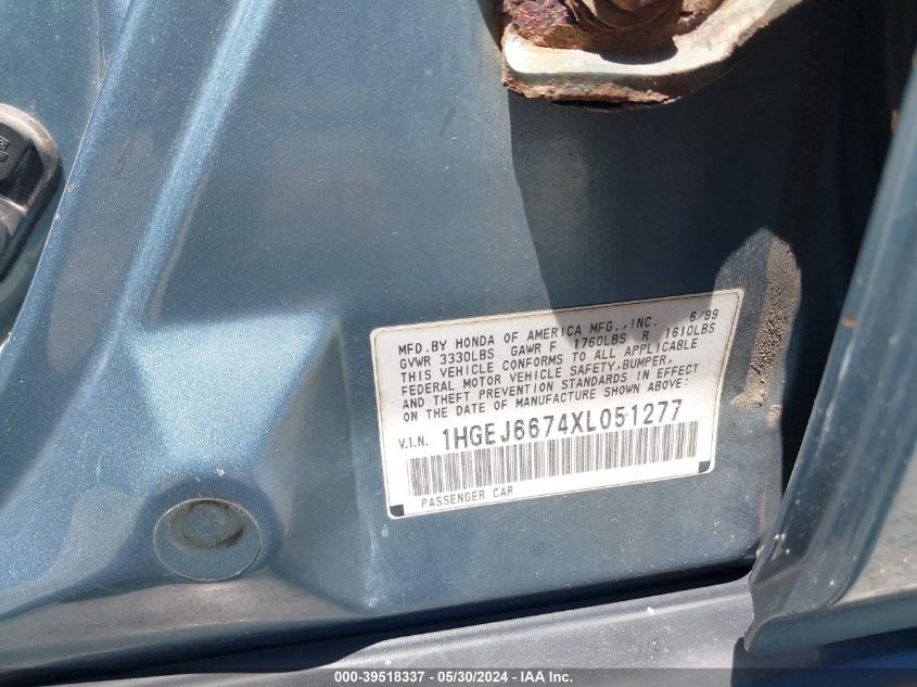 1999 Honda Civic Lx VIN: 1HGEJ6674XL05127 Lot: 39518337