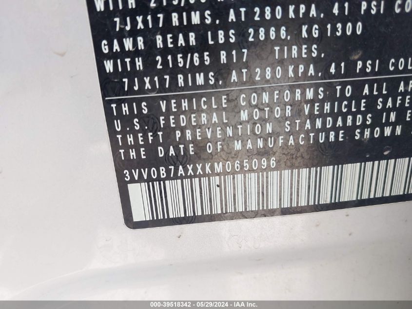 2019 Volkswagen Tiguan 2.0T S VIN: 3VV0B7AXXKM065096 Lot: 39518342