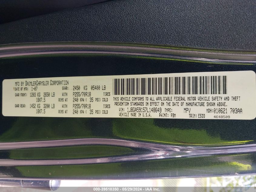 2007 Jeep Wrangler Unlimited Sahara VIN: 1J8GA59157L148649 Lot: 39518350