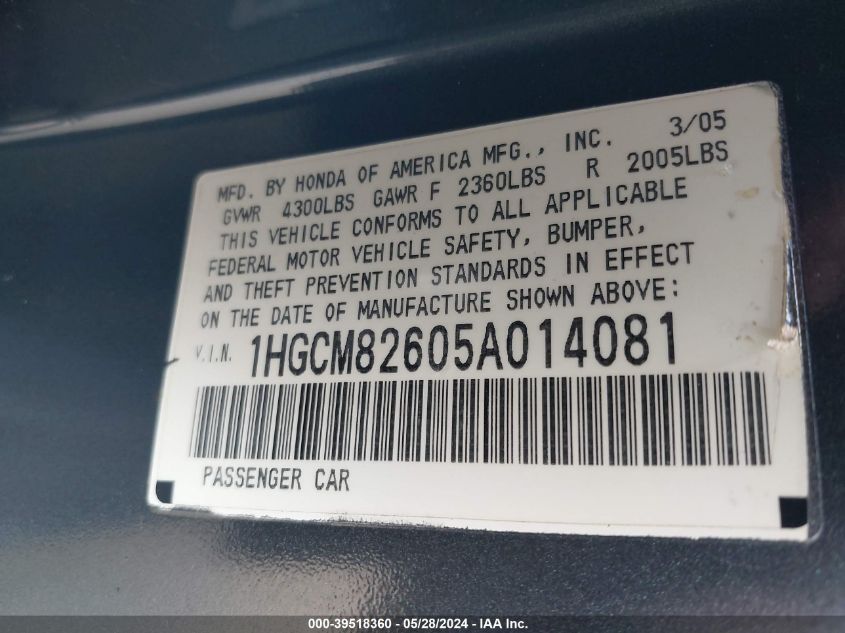 2005 Honda Accord 3.0 Ex VIN: 1HGCM82605A014081 Lot: 39518360