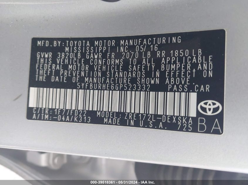 2016 Toyota Corolla S VIN: 5YFBURHE6GP523332 Lot: 39518361