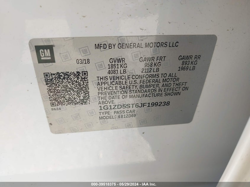 2018 Chevrolet Malibu Lt VIN: 1G1ZD5ST6JF199238 Lot: 39518375