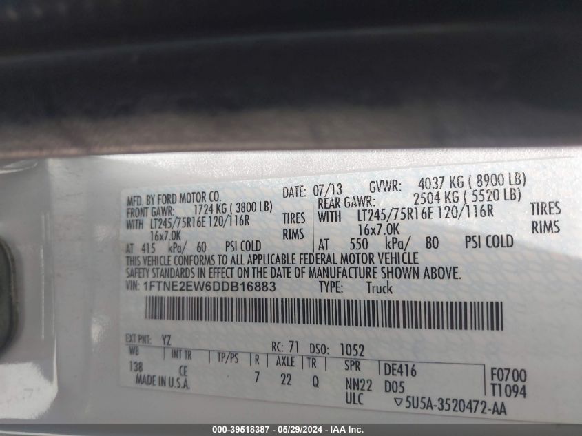 2013 Ford E-250 Commercial VIN: 1FTNE2EW6DDB16883 Lot: 39518387