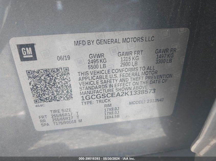 2019 Chevrolet Colorado Lt VIN: 1GCGSCEA2K1338573 Lot: 39518393