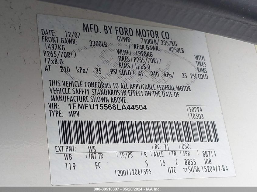 2008 Ford Expedition Xlt VIN: 1FMFU15568LA44504 Lot: 39518397