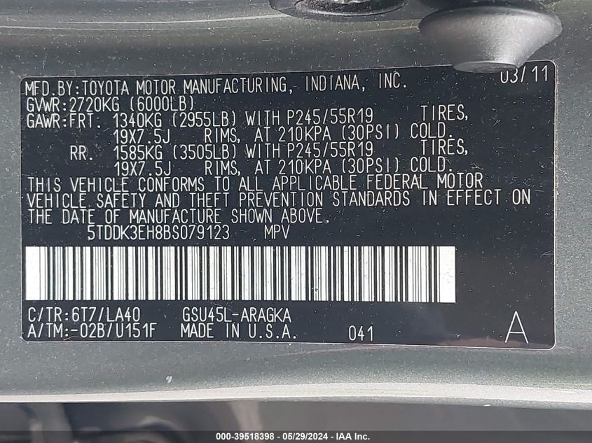 2011 Toyota Highlander Limited V6 VIN: 5TDDK3EH8BS079123 Lot: 39518398