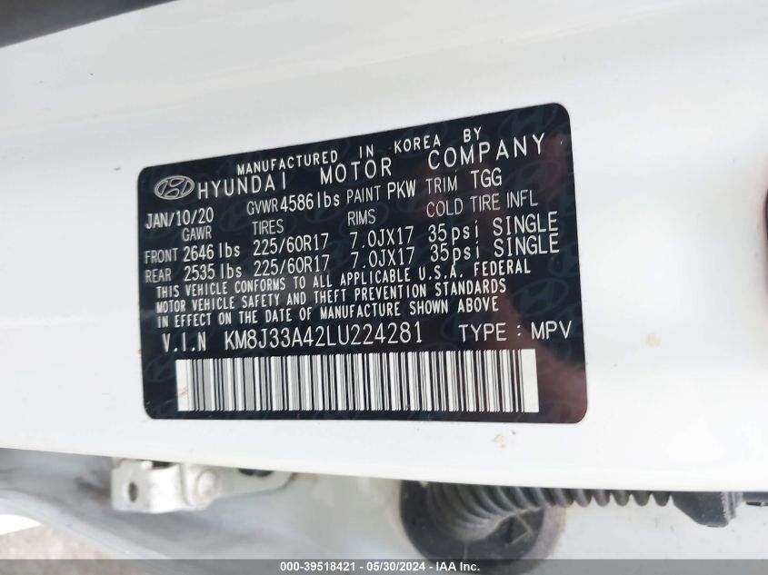 2020 Hyundai Tucson Value VIN: KM8J33A42LU224281 Lot: 39518421