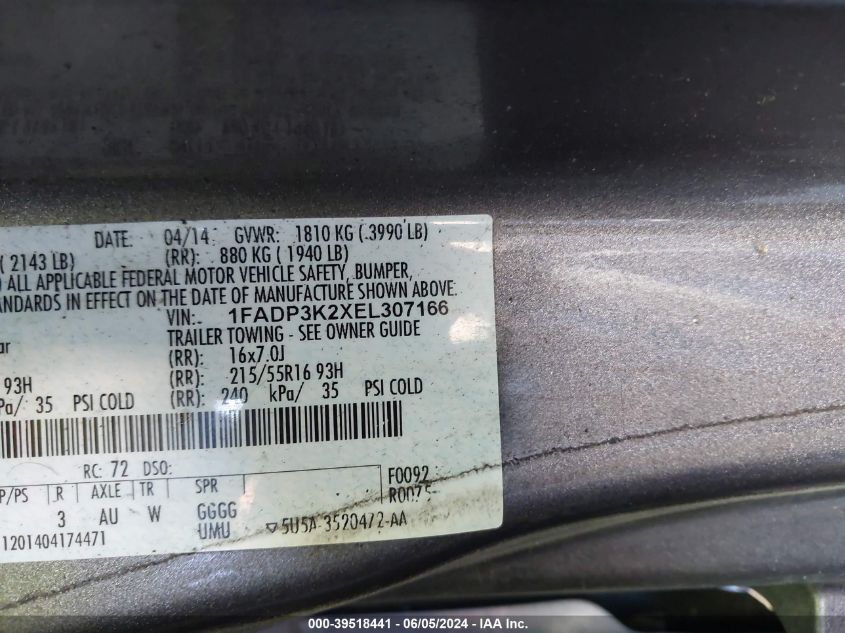 2014 Ford Focus Se VIN: 1FADP3K2XEL307166 Lot: 39518441