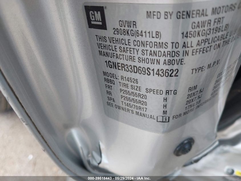2009 Chevrolet Traverse Ltz VIN: 1GNER33D69S143622 Lot: 39518443
