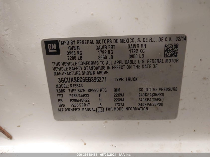 2014 Chevrolet Silverado 1500 2Lz VIN: 3GCUKSEC6EG396271 Lot: 39518451