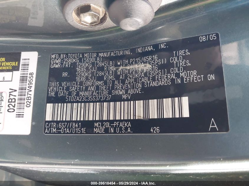 2005 Toyota Sienna Le VIN: 5TDZA23C35S373737 Lot: 39518454