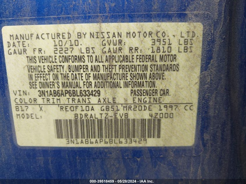 2011 Nissan Sentra 2.0Sr VIN: 3N1AB6AP6BL633429 Lot: 39518459