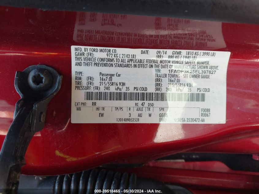 2014 Ford Focus Se VIN: 1FADP3K25EL397827 Lot: 39518465