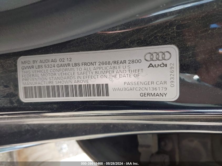 2012 Audi A7 Premium VIN: WAU3GAFC2CN136179 Lot: 39518468