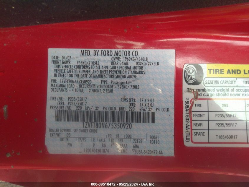 2007 Ford Mustang V6 Deluxe/V6 Premium VIN: 1ZVFT80N675350920 Lot: 39518472