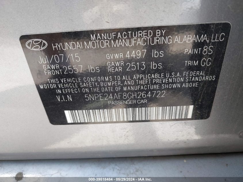 2016 Hyundai Sonata Se VIN: 5NPE24AF8GH264722 Lot: 39518484