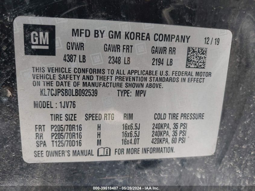 2020 Chevrolet Trax Awd Lt VIN: KL7CJPSB0LB092539 Lot: 39518487