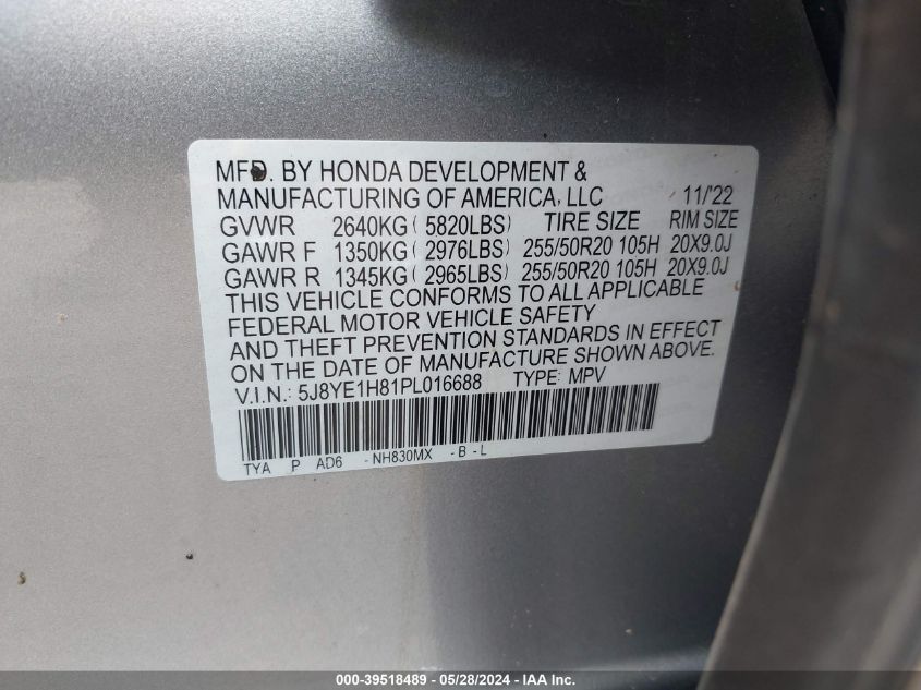 2023 Acura Mdx Advance Package VIN: 5J8YE1H81PL016688 Lot: 39518489
