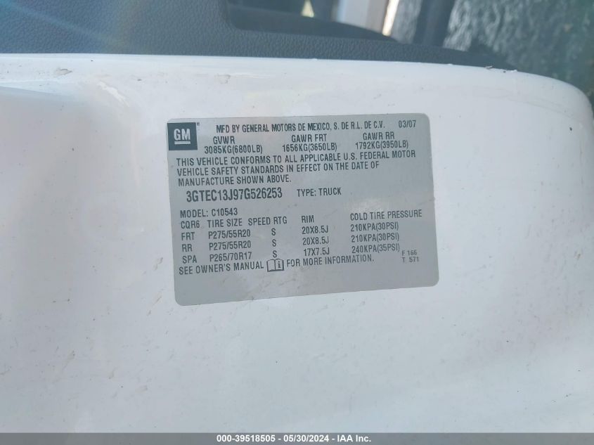 2007 GMC Sierra 1500 Sle1 VIN: 3GTEC13J97G526253 Lot: 39518505