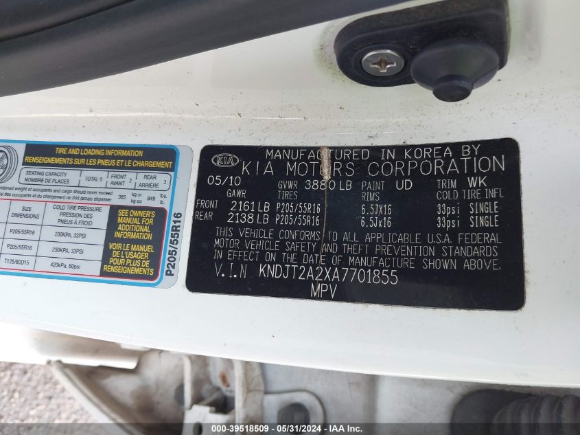 2010 Kia Soul + VIN: KNDJT2A2XA7701855 Lot: 39518509