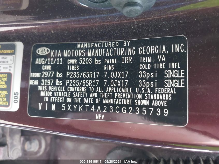 2012 Kia Sorento Lx V6 VIN: 5XYKT4A23CG235739 Lot: 39518517