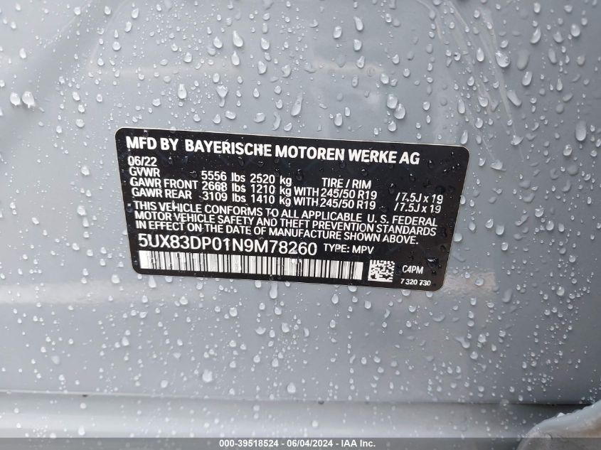 2022 BMW X3 M40I VIN: 5UX83DP01N9M78260 Lot: 39518524