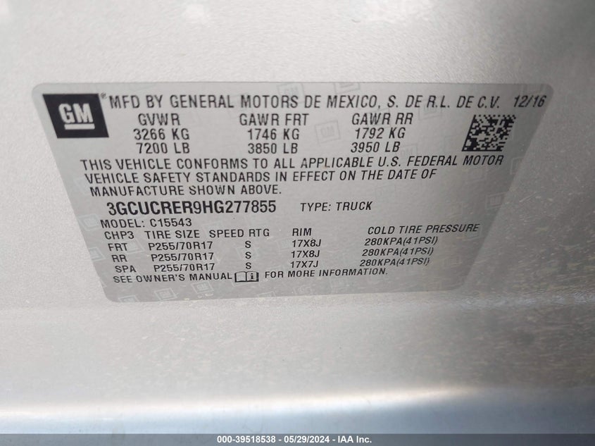 2017 Chevrolet Silverado 1500 1Lt VIN: 3GCUCRER9HG277855 Lot: 39518538