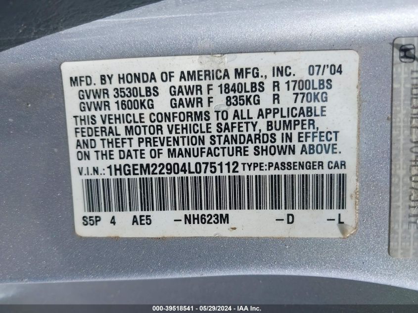 2004 Honda Civic Ex VIN: 1HGEM22904L075112 Lot: 39518541