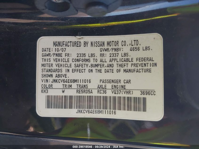 2008 Infiniti G37 Journey VIN: JNKCV64E68M111016 Lot: 39518546