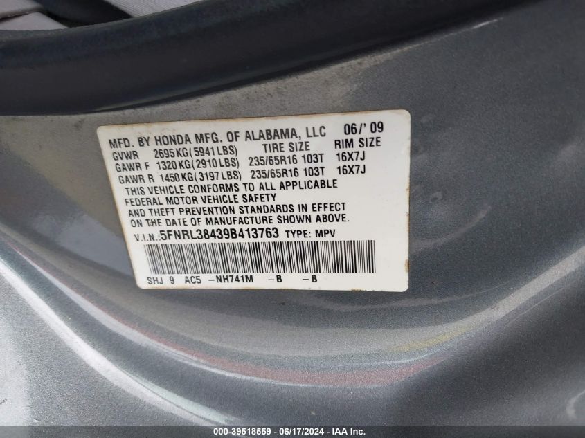 2009 Honda Odyssey Ex VIN: 5FNRL38439B413763 Lot: 39518559