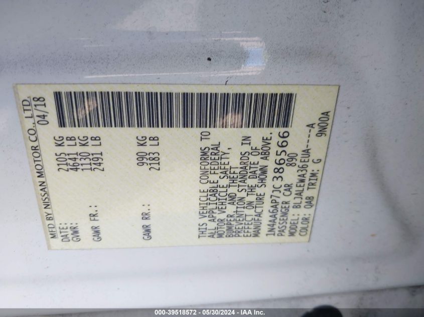 2018 Nissan Maxima 3.5 Sl VIN: 1N4AA6AP7JC386566 Lot: 39518572