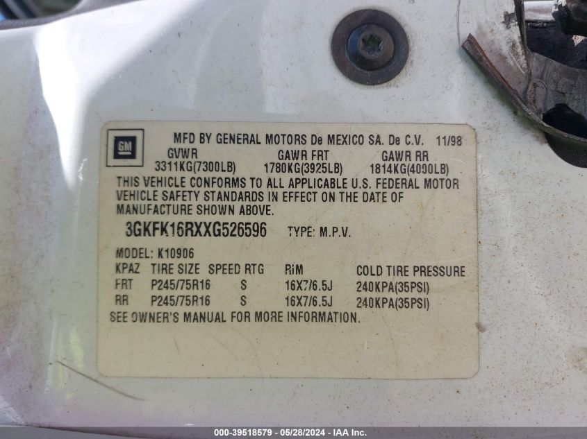 1999 GMC Suburban 1500 Sl VIN: 3GKFK16RXXG526596 Lot: 39518579