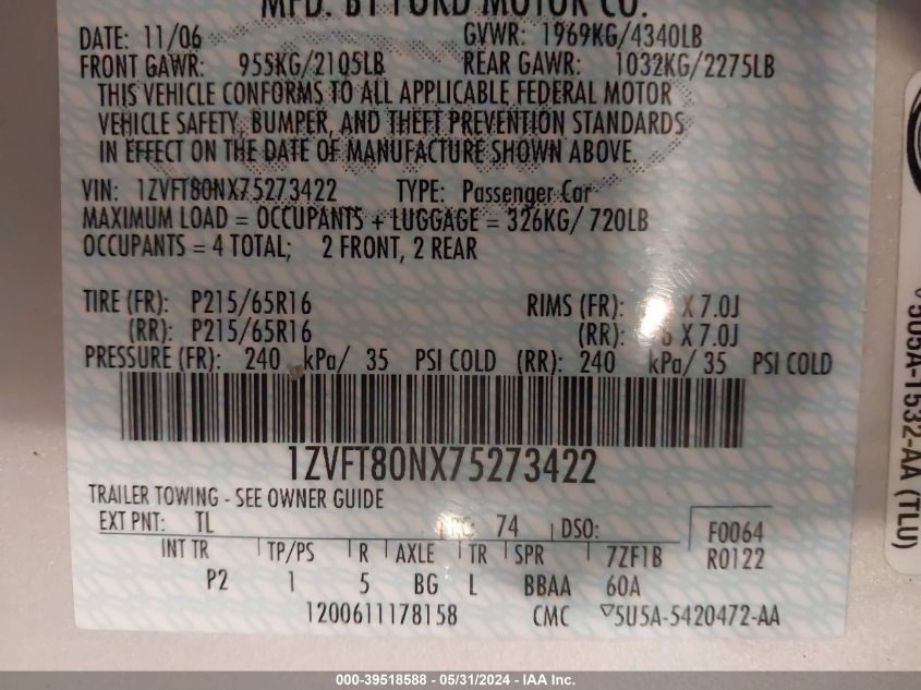 2007 Ford Mustang V6 Deluxe/V6 Premium VIN: 1ZVFT80NX75273422 Lot: 39518588