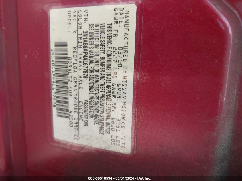 2010 Nissan Sentra 2.0S VIN: 3N1AB6AP4AL677878 Lot: 39518594