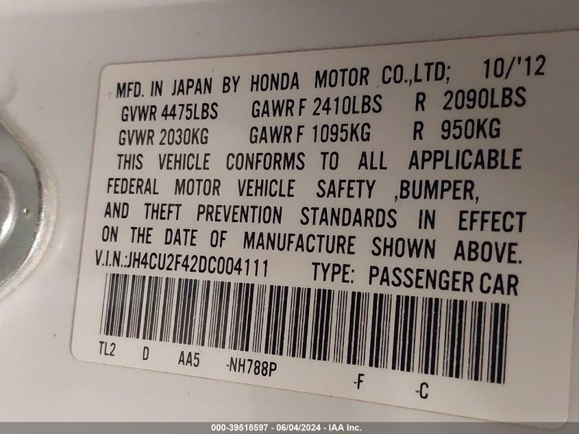 JH4CU2F42DC004111 2013 Acura Tsx 2.4