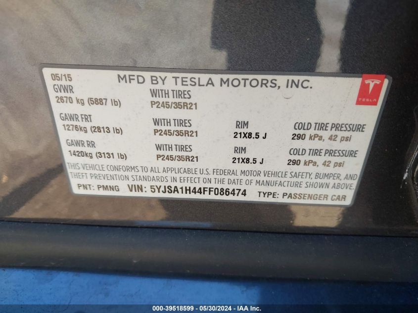 2015 Tesla Model S 85D/P85D VIN: 5YJSA1H44FF086474 Lot: 39518599