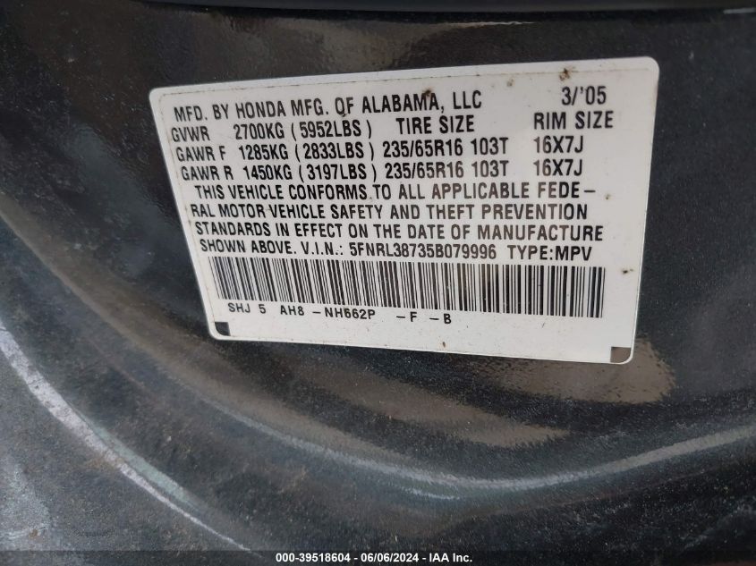 2005 Honda Odyssey Ex-L VIN: 5FNRL38735B079996 Lot: 39518604