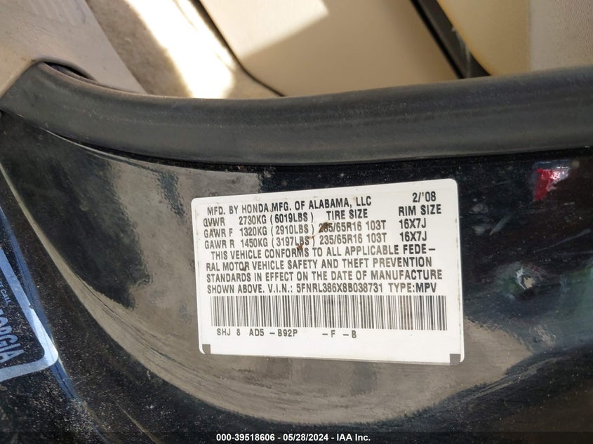 2008 Honda Odyssey Ex-L VIN: 5FNRL386X8B038731 Lot: 39518606